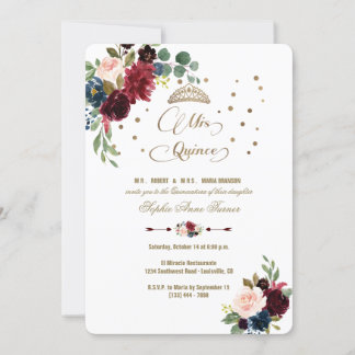 Charm Burgundy Floral Gold Mis Quince Quinceañera Einladung