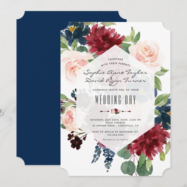 Charm Burgundy Floral Hexagon Rahmen Wedding Einladung (Vorne/Hinten)