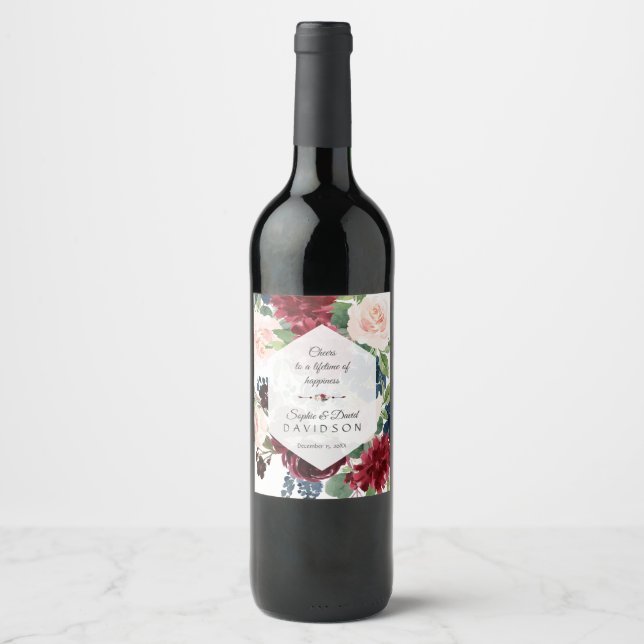 Charm Burgundy Floral Hexagon Rahmen Wedding Weinetikett (Vorderseite)