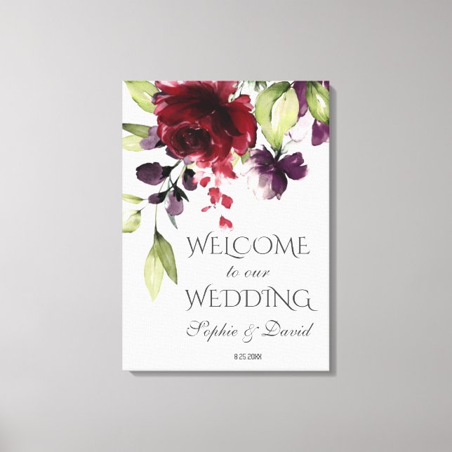 Charm Burgundy Lila Floral Begrüßungszeichen Leinwanddruck (Vorderseite)