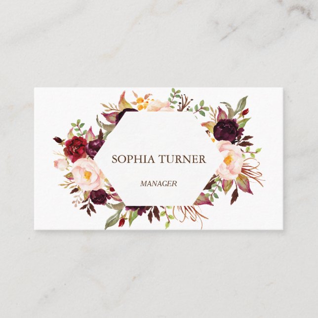 Charm Burgundy Marsala Floral Geometric Visitenkarte (Vorderseite)
