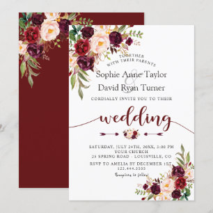 Charm Burgundy Marsala Floral Handwriting Wedding Einladung