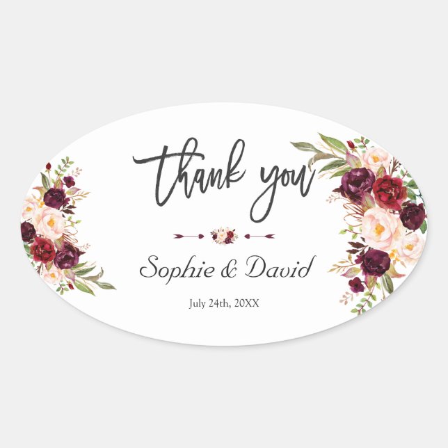 Charm Burgundy Marsala Floral Handwriting Wedding Ovaler Aufkleber (Vorderseite)