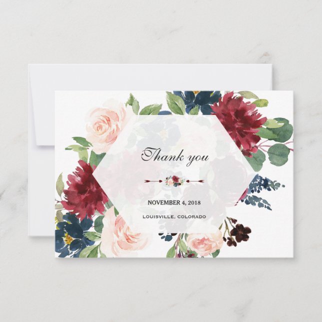 Charm Burgundy Navy Blue Floral Hexagon Rahmen Dankeskarte (Vorderseite)