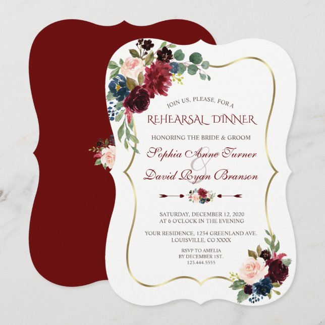 Charm Burgundy Navy Blue Floral Probe Dinner Einladung (Vorne/Hinten)