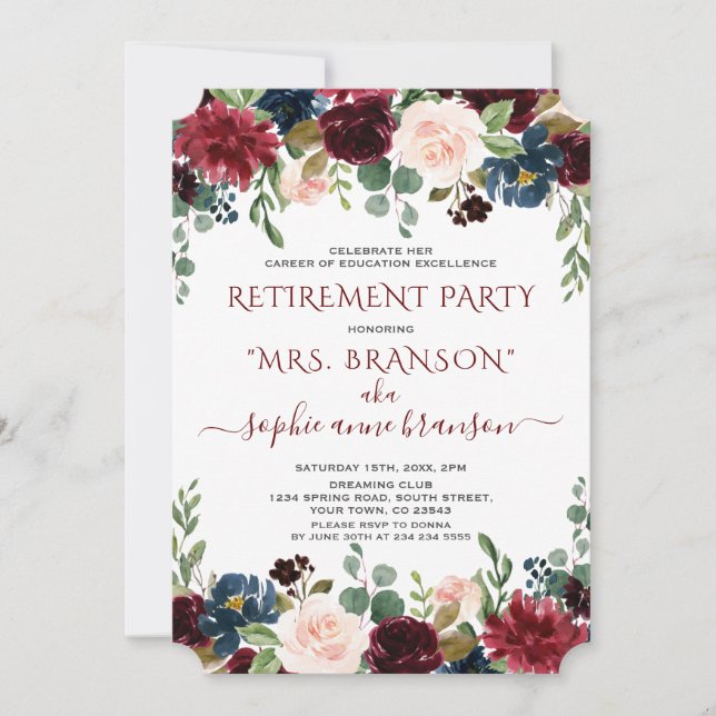 Charm Burgundy Navy Blue Floral Retirement Party Einladung (Vorderseite)