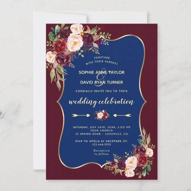 Charm Burgundy Navy Blue Gold Floral Wedding Einladung (Vorderseite)