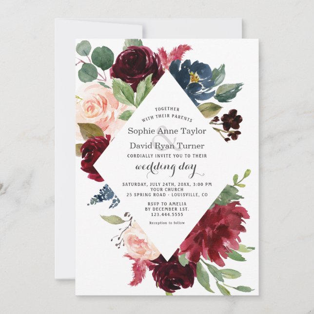 Charm Burgundy Navy Blush Bloral Hochzeit Einladung (Vorderseite)