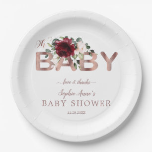 Charm Burgundy Pink Floral Gold Girl Baby Dusche Pappteller