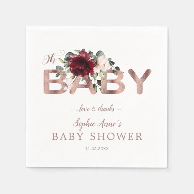 Charm Burgundy Pink Floral Gold Girl Baby Dusche Serviette (Vorderseite)