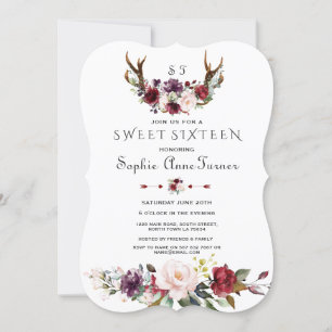 Charm Burgundy Plum Blush Floral Antlers Sweet 16 Einladung