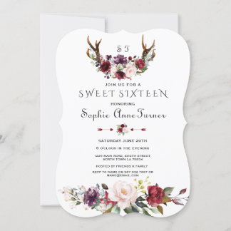 Charm Burgundy Plum Blush Floral Antlers Sweet 16 Einladung
