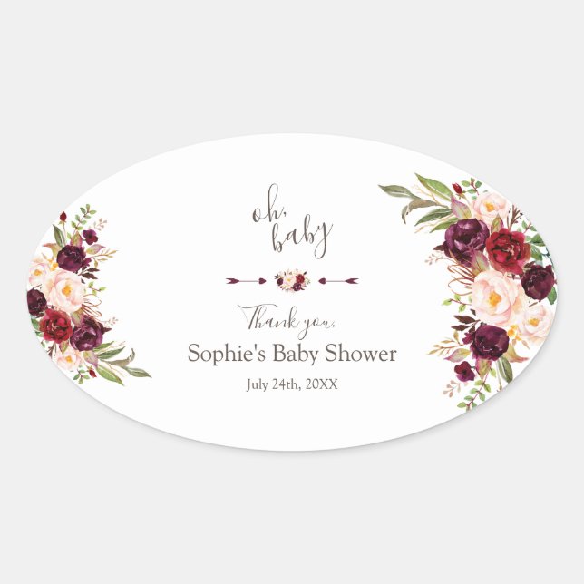Charm Burgundy Red Marsala Floral BABY SHOWER Ovaler Aufkleber (Vorderseite)