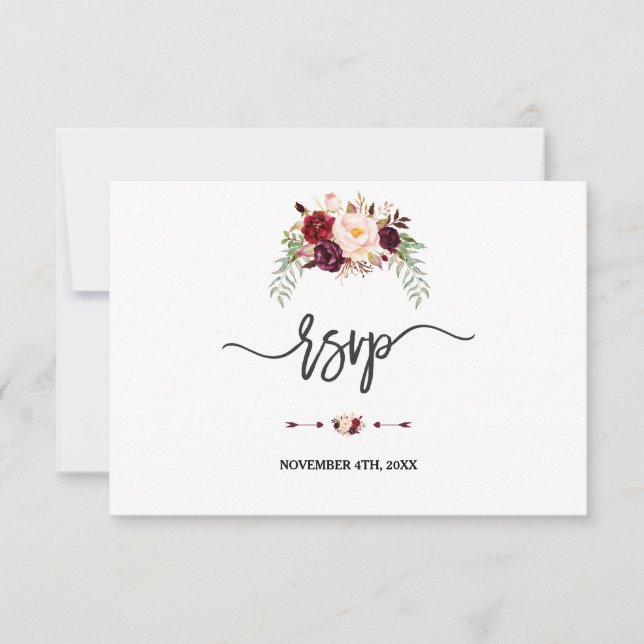 Charm Burgundy Red Marsala Floral Handwriting UAWG RSVP Karte (Vorderseite)