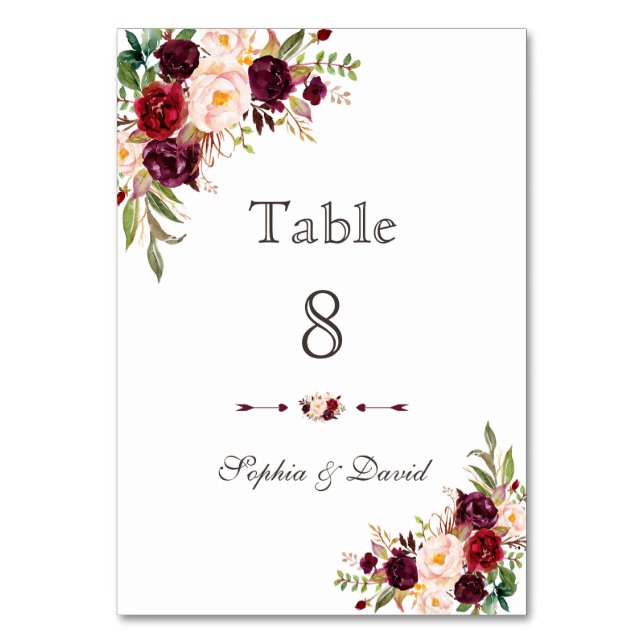 Charm Burgundy Red Marsala Floral Tischnummer (Vorderseite)