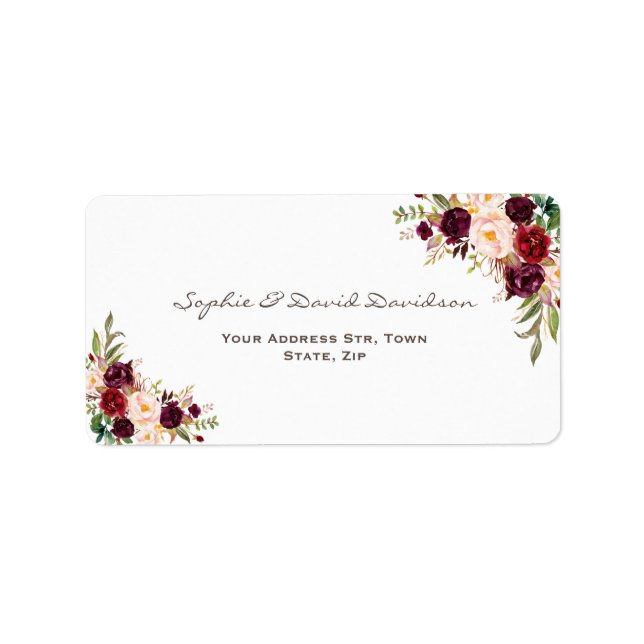 Charm Burgundy Red Marsala Floral Wedding Adressaufkleber (Vorne)