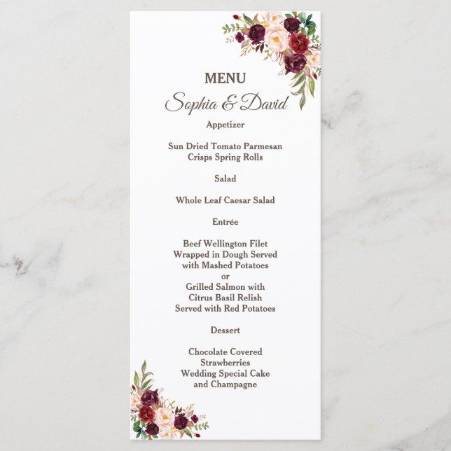 Charm Burgundy Red Marsala floral Wedding Menu Menükarte (Vorderseite)