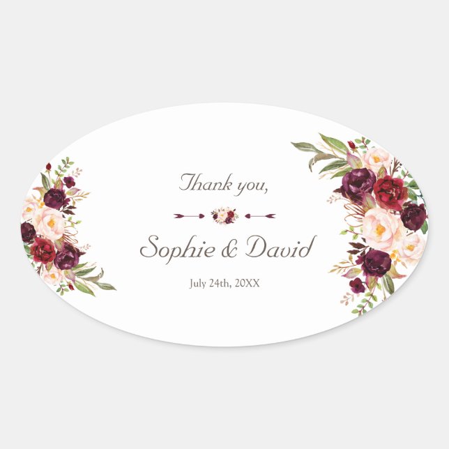 Charm Burgundy Red Marsala Floral Wedding Ovaler Aufkleber (Vorderseite)