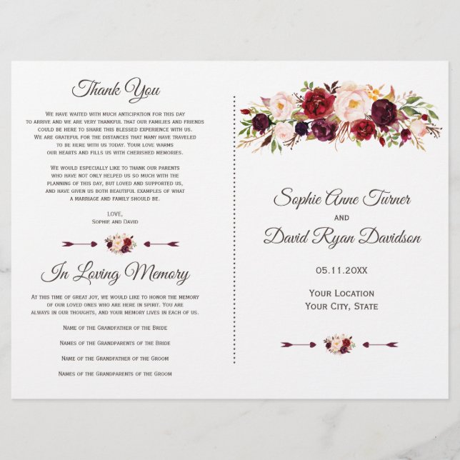 Charm Burgundy Red Marsala Floral Wedding Program (Vorderseite)
