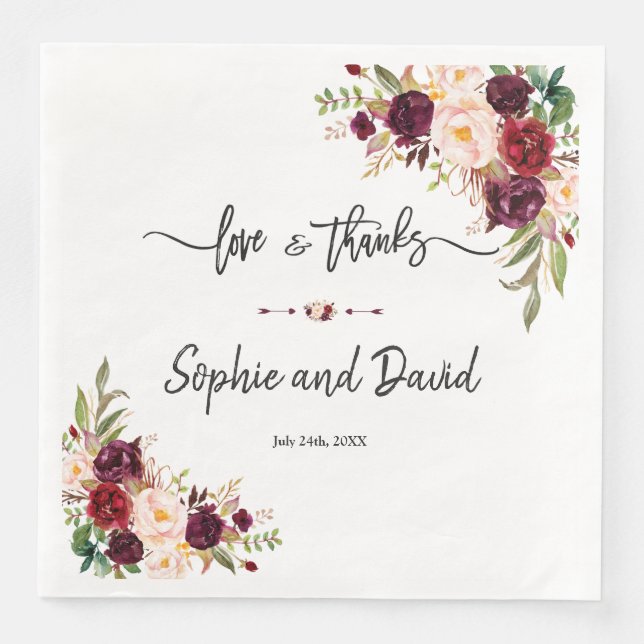 Charm Burgundy Red Marsala Floral Wedding Serviette (Vorderseite)