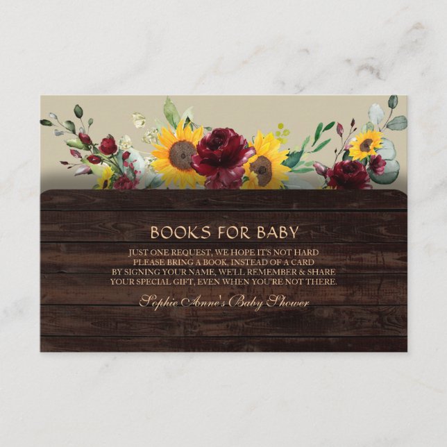 Charm Burgundy Sonnenblumen Bücher für Babydusche Begleitkarte (Vorderseite)