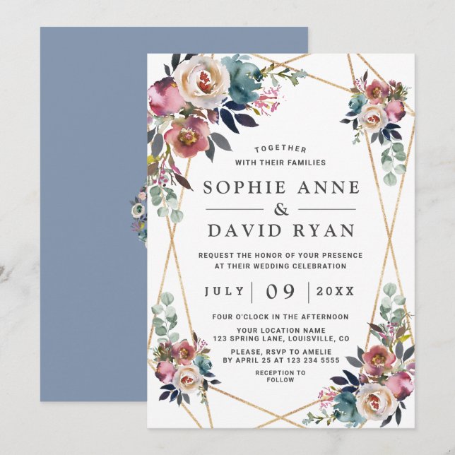Charm Dusty Blue Misty Rose Floral Gold Wedding Einladung (Vorne/Hinten)