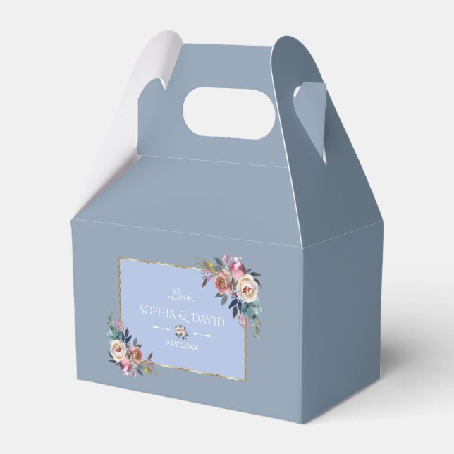Charm Dusty Blue Pink Blume Goldrahmen Hochzeit Geschenkschachtel (Vorderseite)