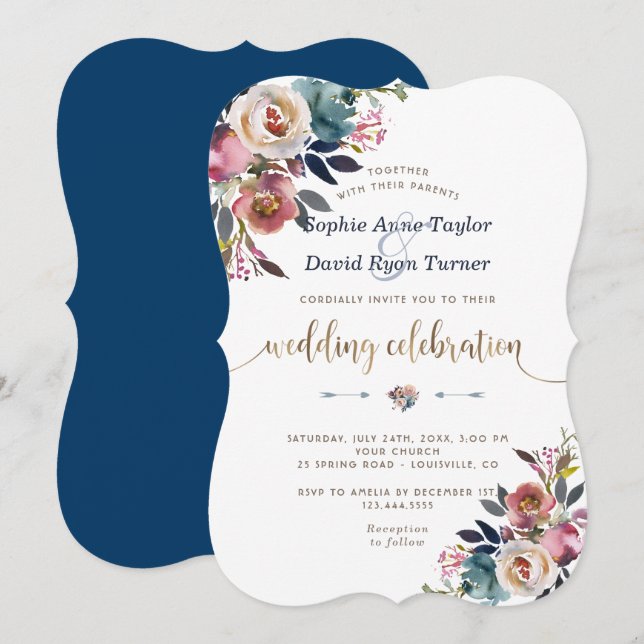 Charm Dusty Blue Pink Blumenblume Hochzeit Einladung (Vorne/Hinten)