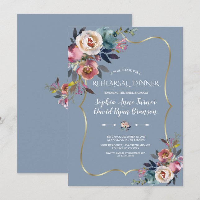 Charm Dusty Blue Pink Floral Gold Probe Dinner Einladung (Vorne/Hinten)