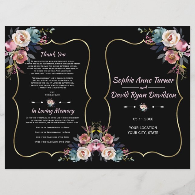 Charm Dusty Blue Rose Fleurs Programme de mariage  (Devant)