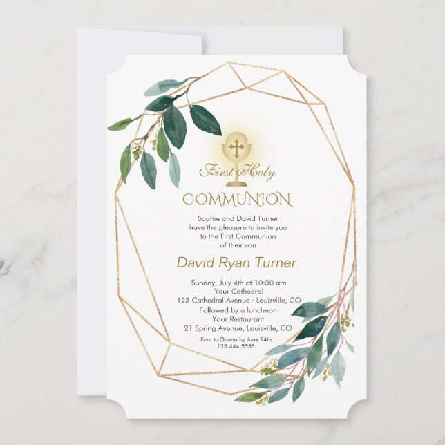 Charm Eukalyptus Verlasse Gold Frame Heilige Kommu Einladung (Vorderseite)