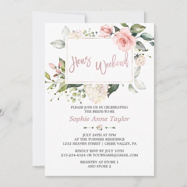Charm Floral Rose Gold Bachelorette Wochenende Par Einladung (Vorderseite)