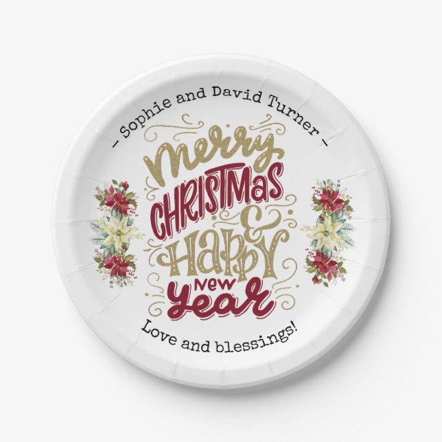 Charm Frory Christmas Happy New Year Typografie Pappteller (Vorderseite)