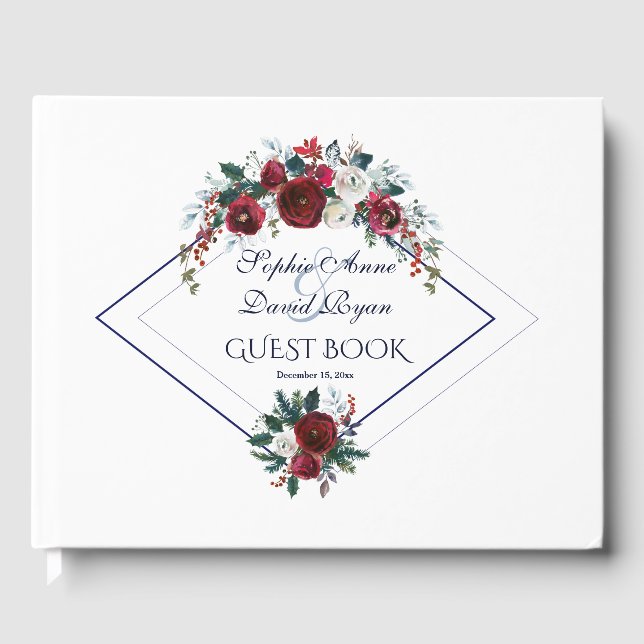 Charm Geometric Burgundy Navy Blue Floral Wedding Gästebuch (Vorderseite)