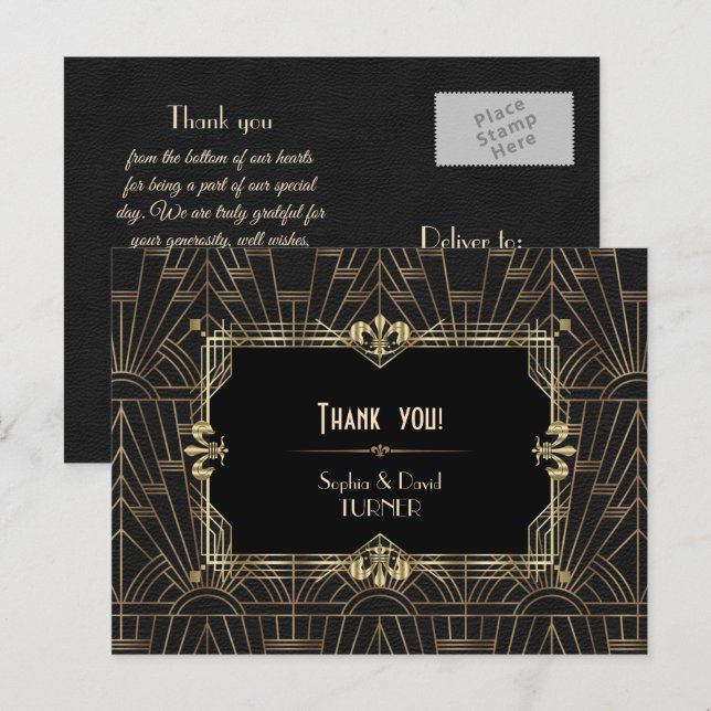 Charm Gold Black Great Gatsby Hochzeit Vielen Dank Postkarte (Vorne/Hinten)