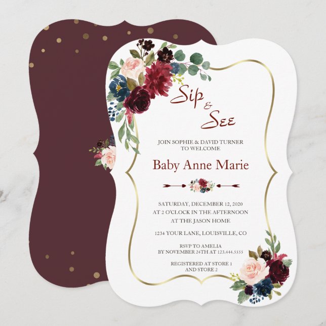 Charm Gold Burgundy Blumensip & See Babydusche Einladung (Vorne/Hinten)