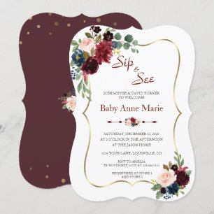 Charm Gold Burgundy Blumensip & See Babydusche Einladung