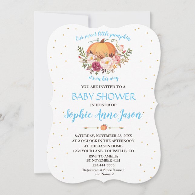 Charm Gold Little Pumpkin Blush Floral Baby Dusche Einladung (Vorderseite)