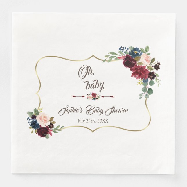 Charm Gold Merlot Navy Blue Floral Baby Dusche Serviette (Vorderseite)