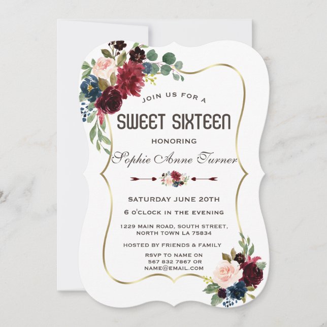 Charm Gold Merlot Navy Blue Floral Sweet 16 Einladung (Vorderseite)