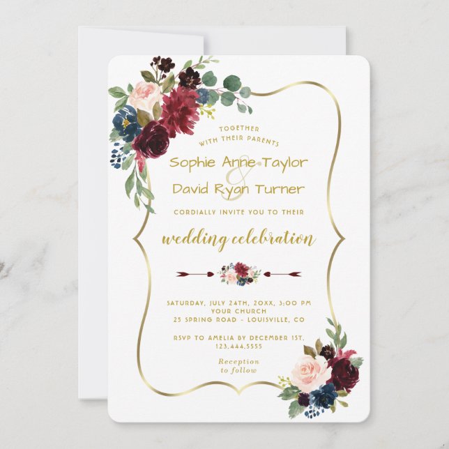 Charm Gold Merlot Navy Blue Floral Wedding Einladung (Vorderseite)