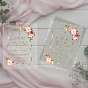 Charm Gold Pink Blush Blume 1. Geburtstag Taufe Acryleinladungen