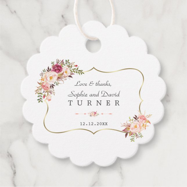 Charm Gold Rahmen Blush Pink Bläserne Blumenzehen Geschenkanhänger (Vorderseite)