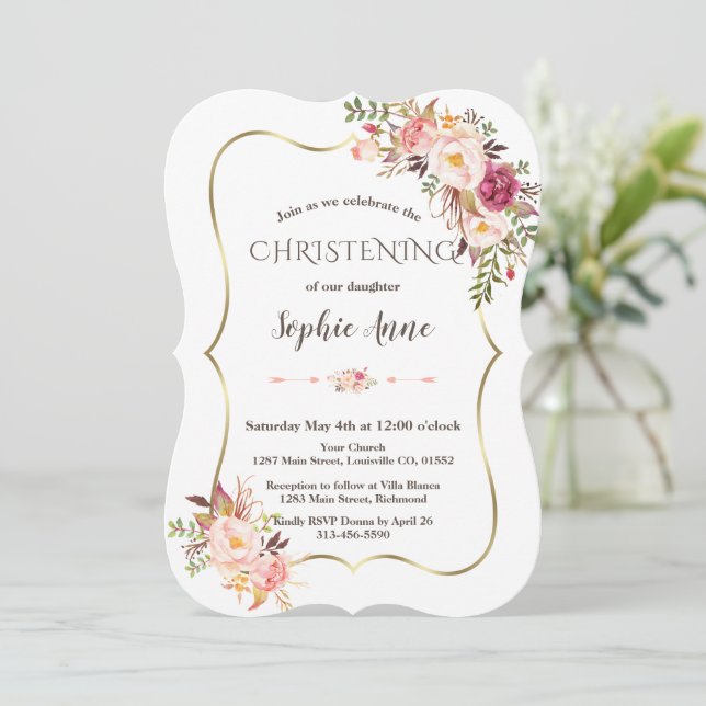 Charm Gold Rahmen Blush Pink Floral Christening Einladung (Stehend Vorderseite)