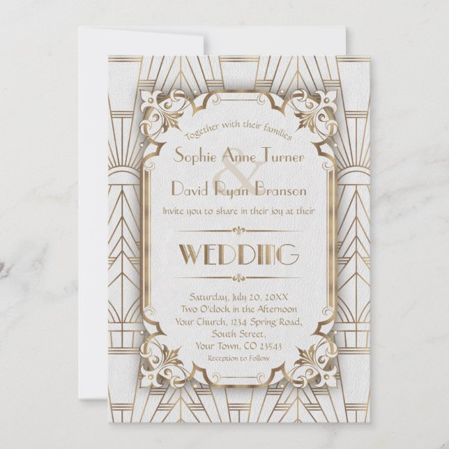 Charm Gold White Art Deco Great Gatsby Wedding Einladung (Vorderseite)