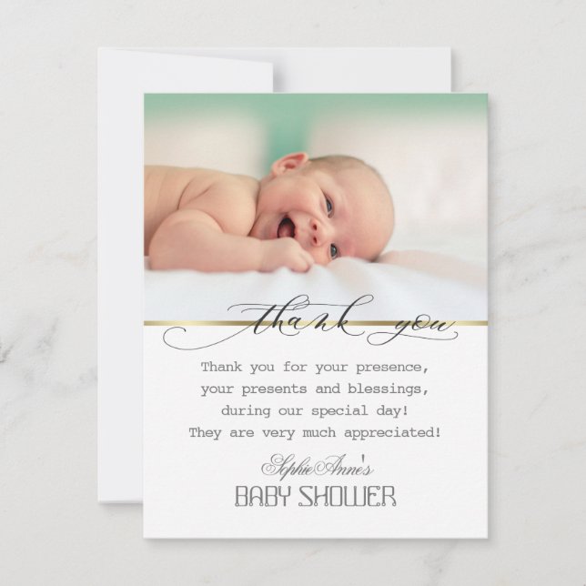 Charm Greenery Frame Gold Foto Baby Dusche Dankeskarte (Vorderseite)
