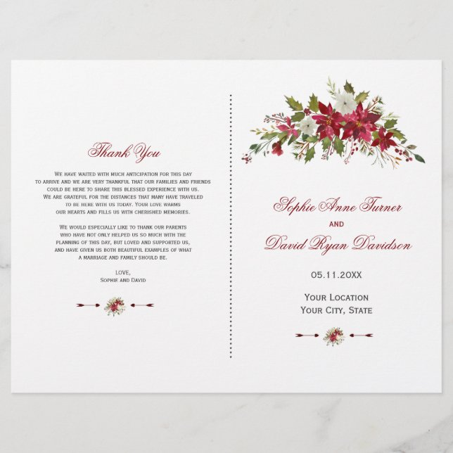 Charm Holiday Red Poinsettia Hochzeitsprogramm (Vorderseite)