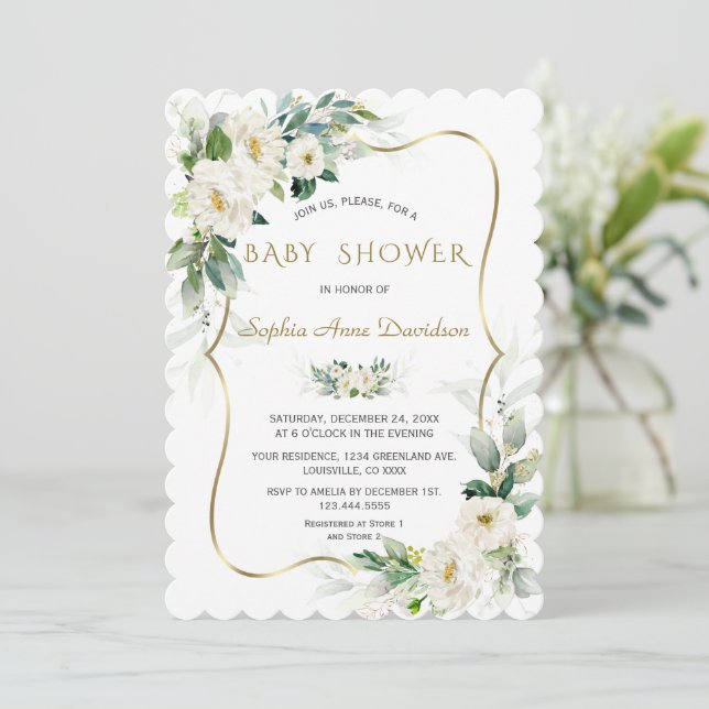 Charm Ivory White Blume Gold Frame Baby Dusche Einladung (Stehend Vorderseite)