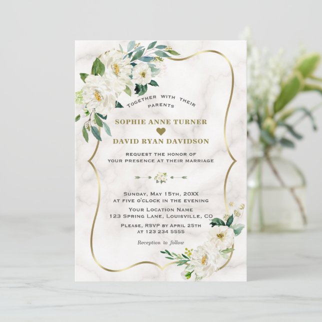Charm Ivory White Blume Rose Goldmarmor Hochzeit Einladung (Stehend Vorderseite)