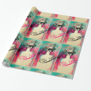 CHARM /Lady mit Maske Monogramm Aquamarin grün ros Geschenkpapier